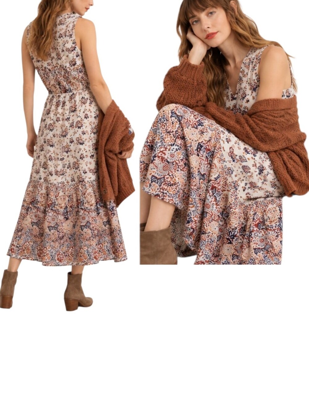 Lucky 2X Floral Border Print Cotton Maxi WesternBoho V Neck Drawstring Coastal - Picture 2 of 9
